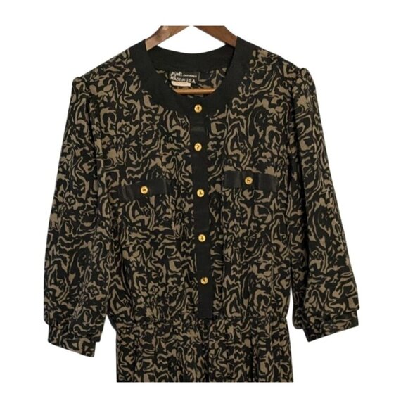 Breli Originals Blk Tan Patterned Dress Button Front Midi Gold Buttons Sz 14 - Picture 4 of 15